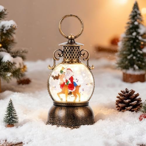 LINGSFIRE Christmas Snow Globes, Lighted Snow Globe Christmas Musical Snow Globe Christmas Ornament Table Decorations Santa and Elk Snow Globes Lantern Home Decor