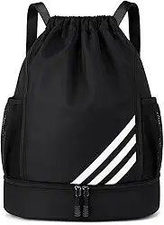 Mochila Esportiva com Cordão Espaçosa Bolsa 4 Bolsos Ideal para Esportes Chuteira Bolas Academia Material Impermeável Separação Roupas Secas e Molhadas Unissex