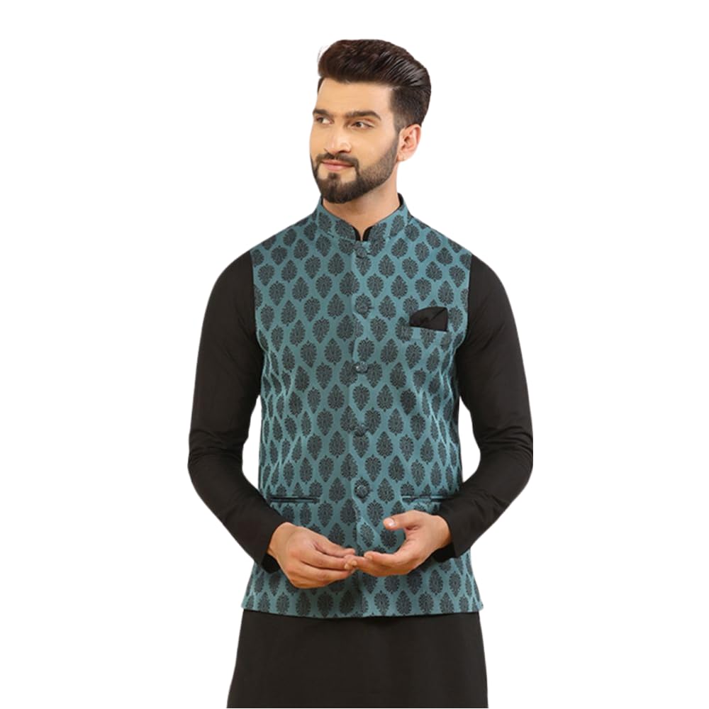 Men's Nehru Jacket, Coral Silk Blend, Woven Design Mandarin Collar Regular Fit Sleeveless-image-34
