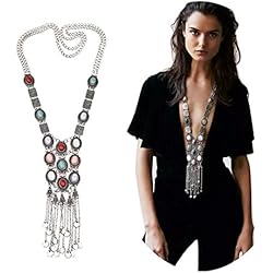 Bijou Brigitte Collares Dorados Elegant Rose, Collar de mujer bohemio retro con diamantes de imitación turquesa y cadena larga de plata dorada, Estrás, No es una piedra preciosa