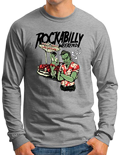 T-shirt rock and roll manches longues gris avec imprimé hot rod rétro haute définition