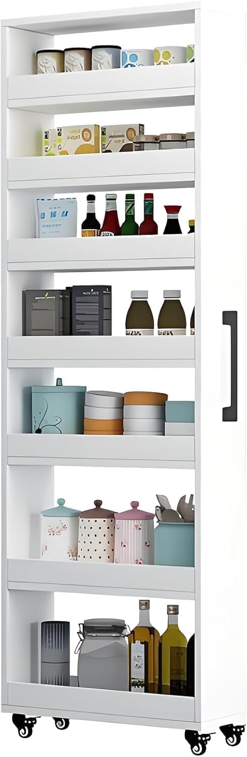 7-Tier Slim Storage Cart, Wooden Rolling Pantry Cabinet with Wheels, Narrow Shelf Organizer for Kitchen, Bakers Rack, Dining Room, Closet, Small Spaces Dark Walnut 73.2‘‘Hx5.9''Wx19.6''D