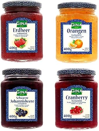 Mermeladas GINA botes cristal 400 gr (Pack 4 (Fresa, Naranja, Arándanos, Grosella))