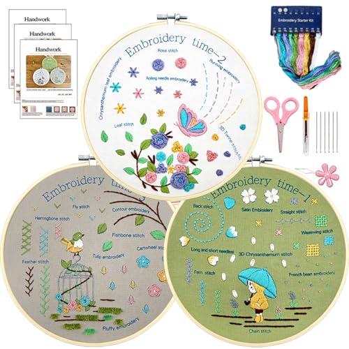 SUPBRAIN 3 Sets Embroidery kit for Beginners Adults, with Stamped Embroidery Patterns, Hoop, Color Threads,Tools,Easy to Follow Instruction, Beginner Embroidery Kit, Hand Embroidery Kit for Kids