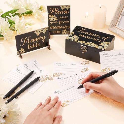 Image of Gilprop 112 Pcs Celebration of Life Memory Cards Set Share a Memory Cards with Box 2 Wood Sign with 4 Hold and 5 Pens, Sympathy Memorial Gifts Funeral Keepsake Decorations(Forget Me Not Flower)