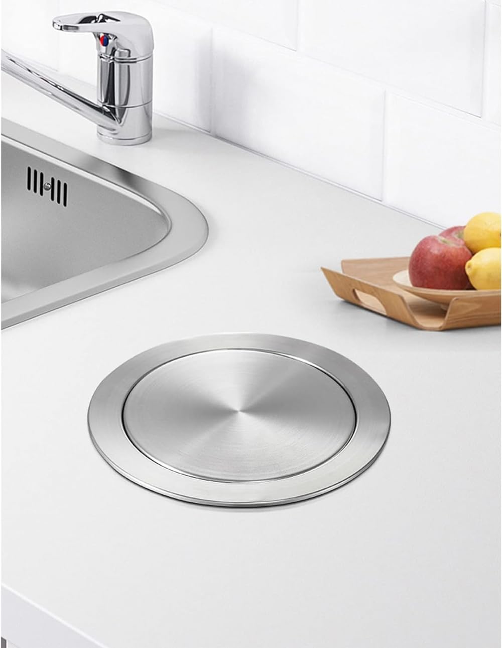 Built-in Trash can with Stainless Steel on The countertop, Swing lid Bucket in The Kitchen, Round Chute, Used for Household Garbage