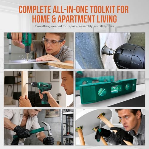 Image of Hi-Spec 8V Cordless Drill and Tool Kit with Essential Hand Tools, Green | Power USB Rechargeable, Home Improvement, faster holes and screwdriving, portable, light-duty project, home setup help