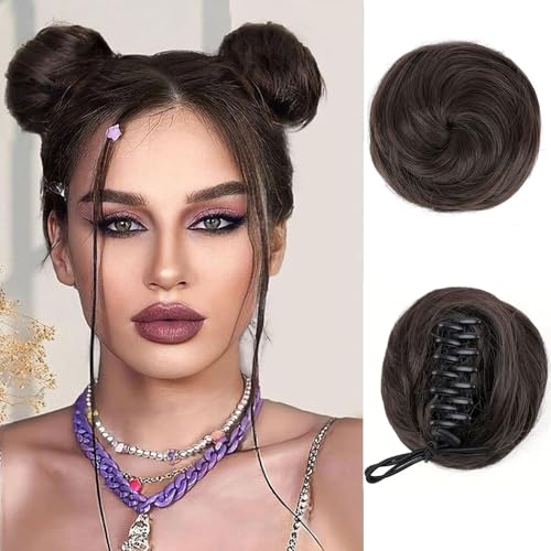 BOGSEA Space Buns Hair Pieces 2PCS Mini Claw Clip in Hair Bun Princess Leia Buns Hair Extension Updo Hairpieces for Women Girls (Dark Brown)