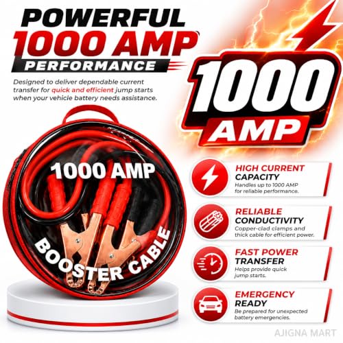 Image of AJIGNA MART 1000 AMP Car Booster Cable, Heavy Duty Jump Start Battery Cable with Copper-Coated Clamps, Portable Carry Bag, Suitable for Cars, SUVs, Vans & Small Trucks