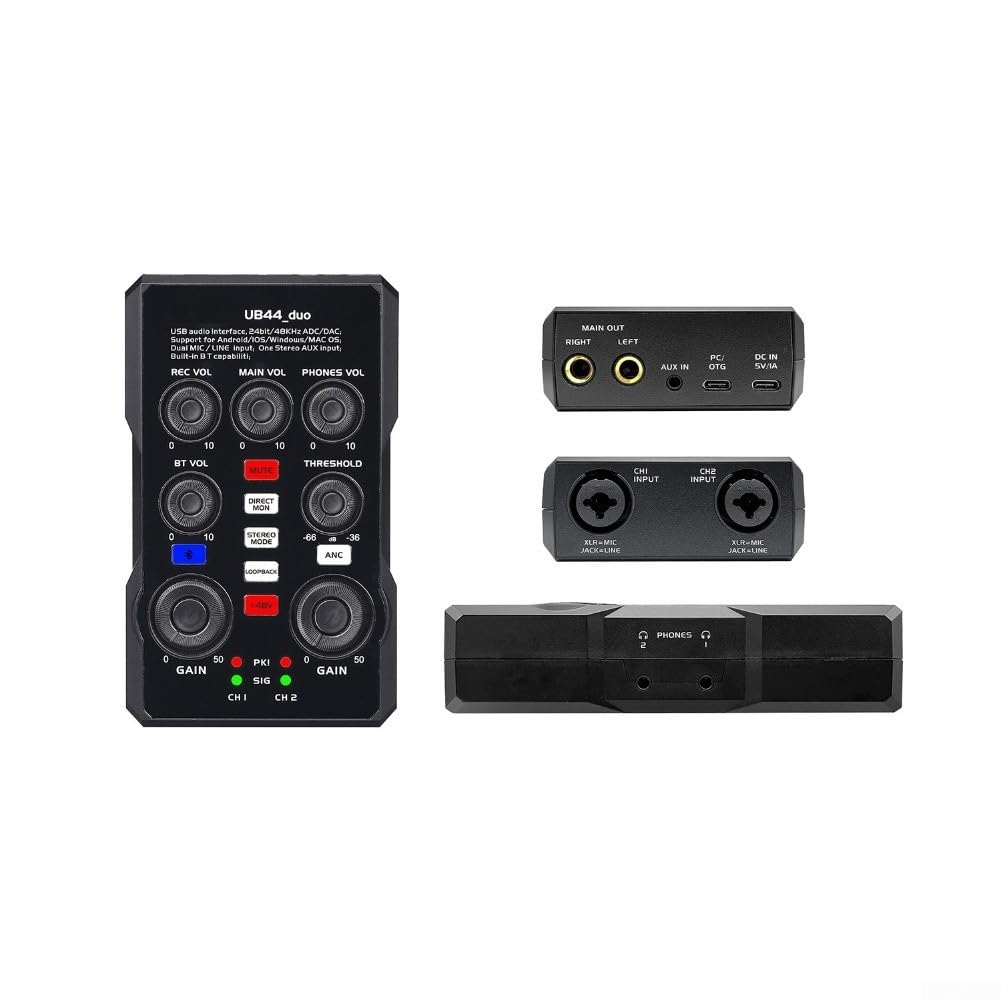 Tarjeta de sonido externa profesional con alimentación de 48 V y reducción de ruido, interfaz de audio ABS compacta para cantar transmisión en vivo en PC móvil, color negro