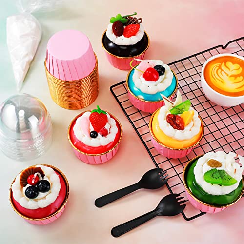 300 Pieces Foil Cupcake Liners With Lids 5.5 Oz Disposable Muffin Liners With Lids Pink Cup Cake Muffin Tins With Lid Aluminum Cupcake Holders With 300 Spoons And 350 Lids For Baking #TOP6