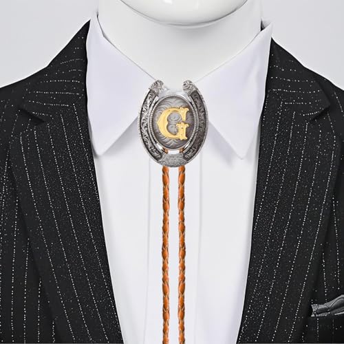 Image of Vintage Western Cowboy Monogram Initial Letter Bolo Tie for Men | Premium brown braided leather, adjustable sliding clasp, anti-tarnish alloy pendant, versatile A-Z western bolo tie