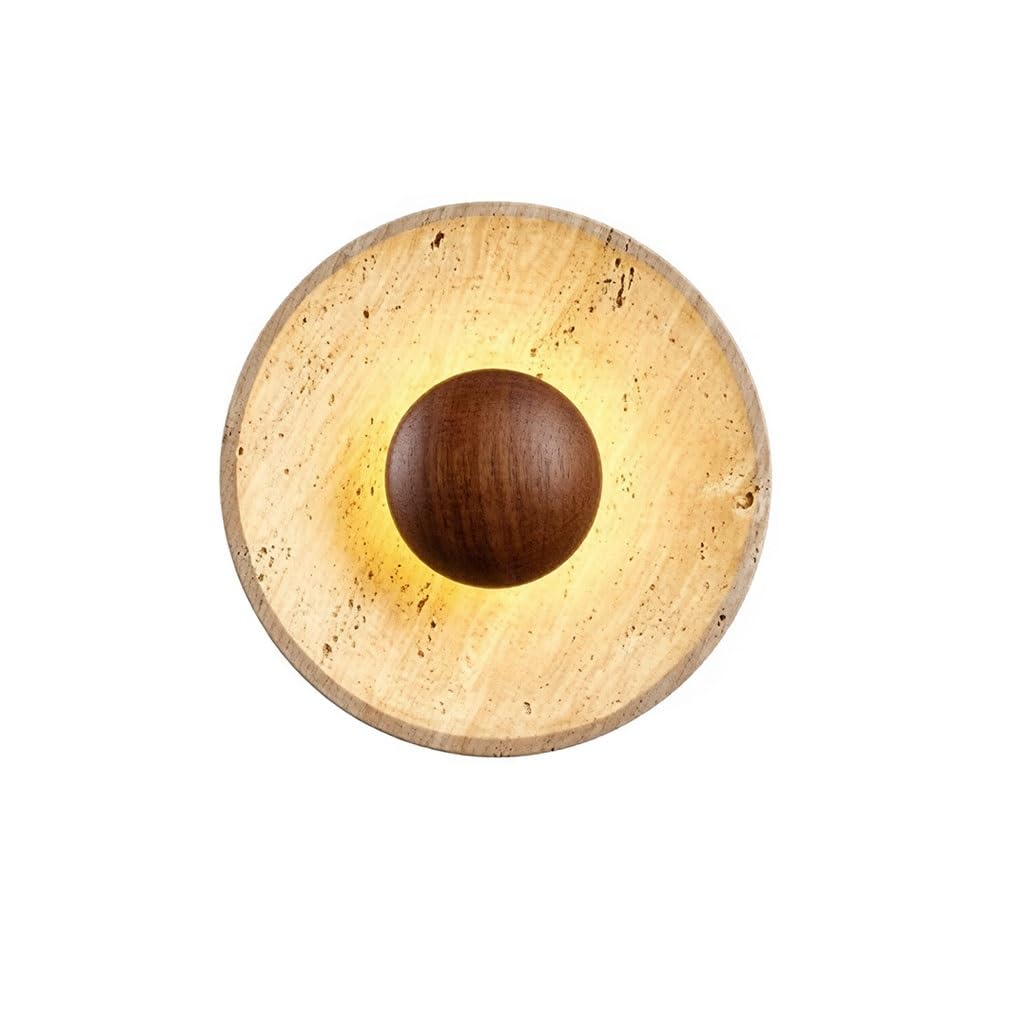 Wabi-Sabi Travertin-Wandleuchte Natürliche Gelbe Travertin-Wandlampe Mit Massivem Walnussholz Minimalistische LED-Wandleuchte Mit Warmem Blendfreiem Licht Geeignet Für Schlafzimmer