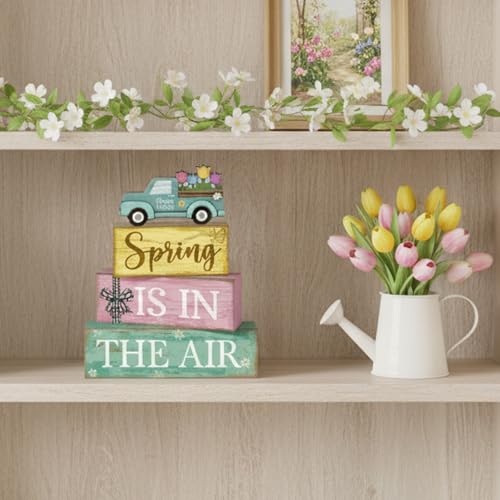 Image of Moucuny 4 Pcs Spring Table Decor Wooden Blue Truck Decoration Flower Centerpiece Spring Tiered Tray Decor Decorative Colorful Flower Block Signs Gift Farmhouse Decoration for Home Kitchen