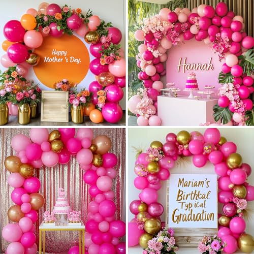 Image of RUBFAC 129pcs Hot Pink Balloons, Latex Magenta Pink Balloon Arch Kit Garland Different Sizes 18 12 10 5 Inch for Birthday Baby Shower Wedding Princess Theme Party Decoration