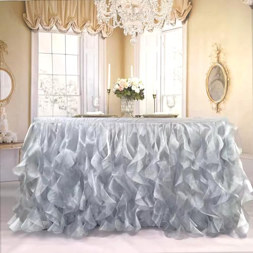 Image of Luxury Organza Mesh Table Skirt Draping Floating Romance - Perfect for Bridal Showers, Birthday Weddings - Clear Flowing Decoration for a Wonderful Main Cake Table (Silvey Grey-6ft, 72 inchLx30 inchH)