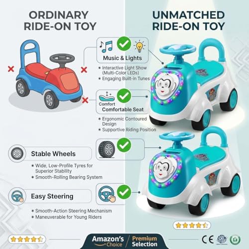 Image of Kids Ride-On Push Car with LED Lights & Steering Wheel - Toddler Ride On Toy Car with Music, Storage Seat & Backrest, Indoor Outdoor Ride Toy for Boys & Girls (Ages 1.5-3)