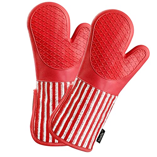Alselo Silicone Oven Mitts Heat Resistant 932℉ with Waterproof & Non-Slip Kitchen Mittens, Set of 2 Extra Long Oven Gloves with Soft Cotton Terry Lining for Baking Cooking Barbecue (2, Red Mitts)