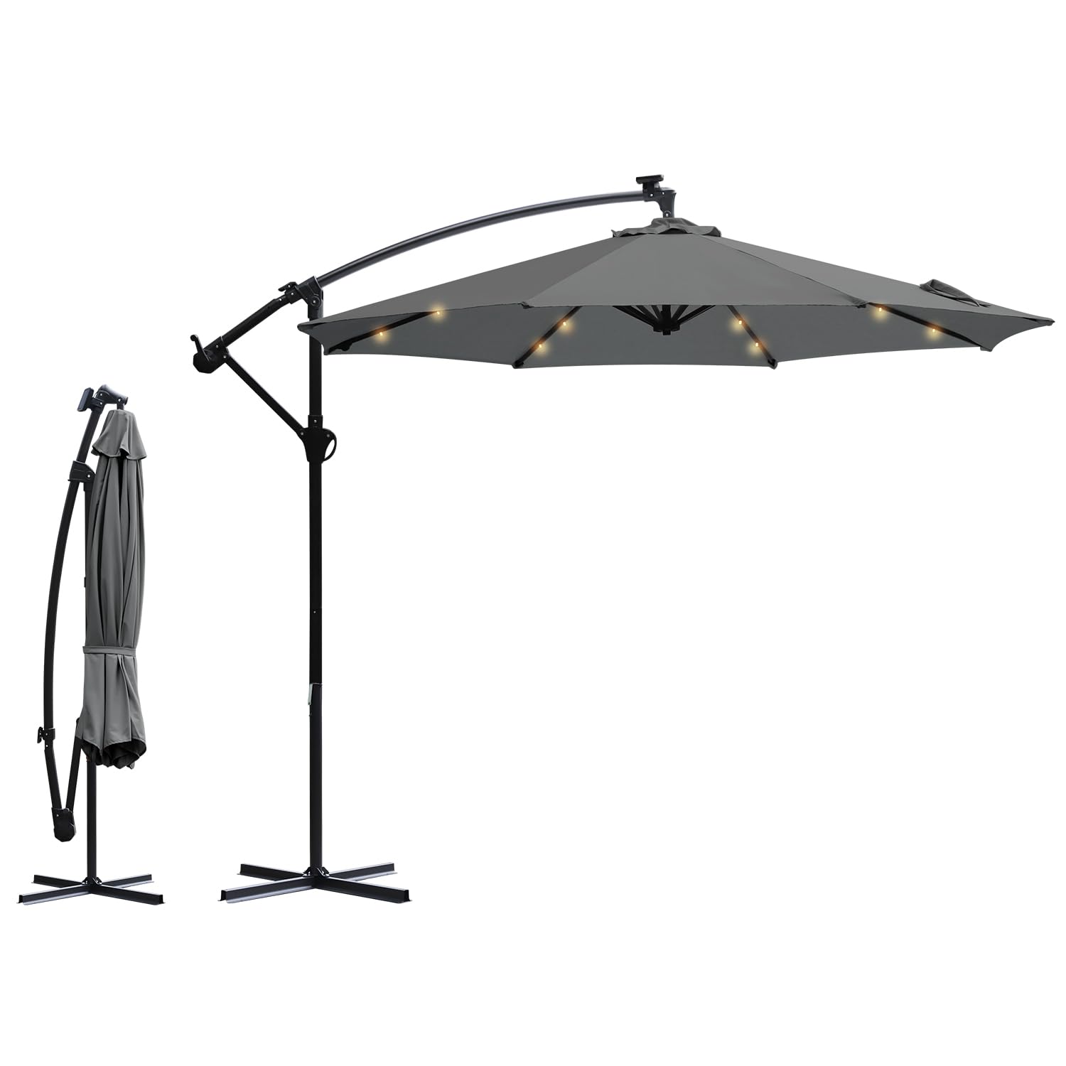 Sekey Ombrello solare a LED, 300 cm, LED a energia solare, protezione solare UV50+, robusto e stabile per il giardino, grigio scuro