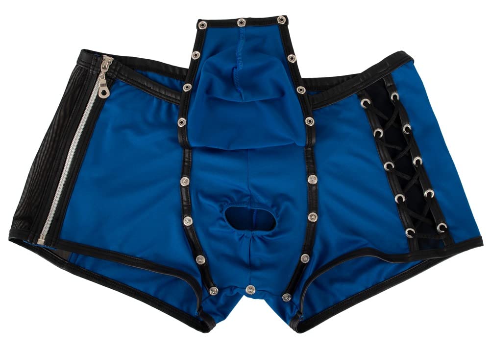Orion Pantaloni da uomo – Boxer erotici da uomo, con tasca per pene rimovibile, lacci a croce laterale, bottoni a pressione, blu/nero