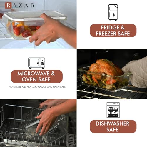 Image of Razab 4 PC 1860ml / 63 Oz / 8 Cups Large Glass Food Storage Containers with Lids - Glass Meal Prep Containers for Roasting & Storing Leftover, Lunch Container with Lids, Microwave & Oven Safe