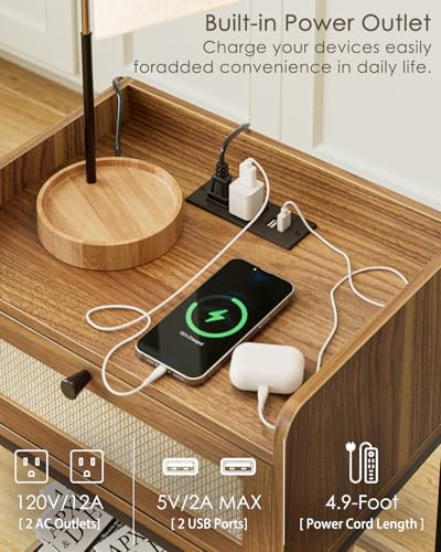 Image of Masupu Nightstand with Charging Station, Modern Bedside Table Night Stand with Storage Drawer and Shelf,Small End Side Table for Bedroom,Living Room,Walnut Brown