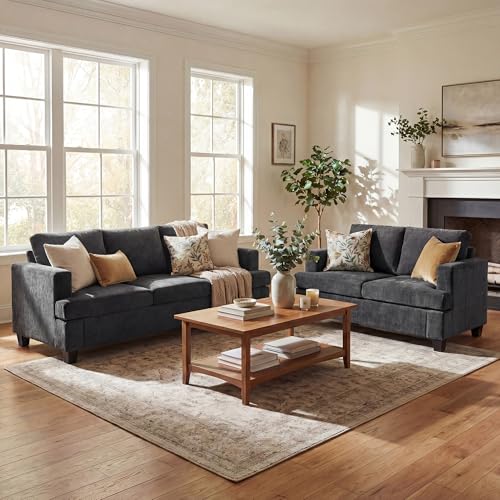 YOUDENOVA 2 Piece Set Comfy Sofa Couch, 3 Seater & Loveseat Sofa with Deep Seats, Modern Sleeper Couch for Living Room, Dark Grey Chenille