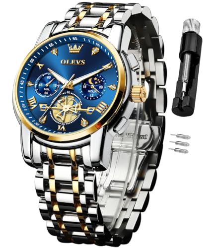 OLEVS Watch for Men Skeleton Analog Quartz Chronograph Diamond Watches Stainless Steel Moon Phase Calendar Waterproof Wrist Watch (Image - 1)