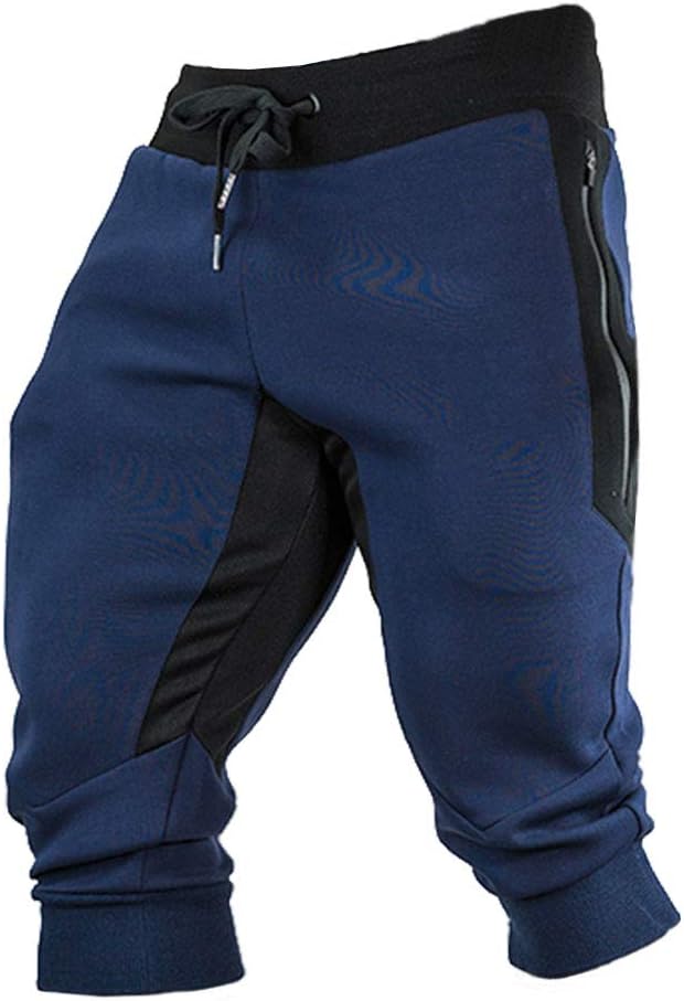 Wohthops Men's Cotton Joggers Summer 3/4 Shorts Casual Workout Capri Pants Breathable with Elastic Waist Zipper Pockets…