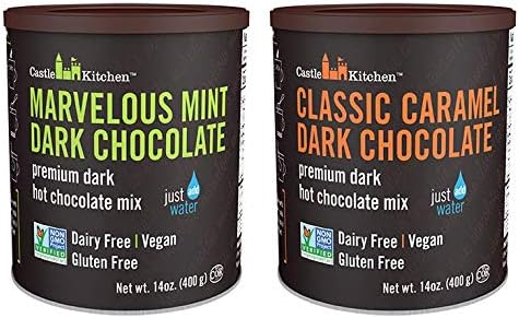 Castle Kitchen Natural Hot Chocolate Mix Variety Pack - Dairy-Free, Vegan Complete Mixes - Just Add Water - Pack of 2 (Classic Caramel Dark Chocolate & Marvelous Mint Dark Chocolate) 14 oz Each