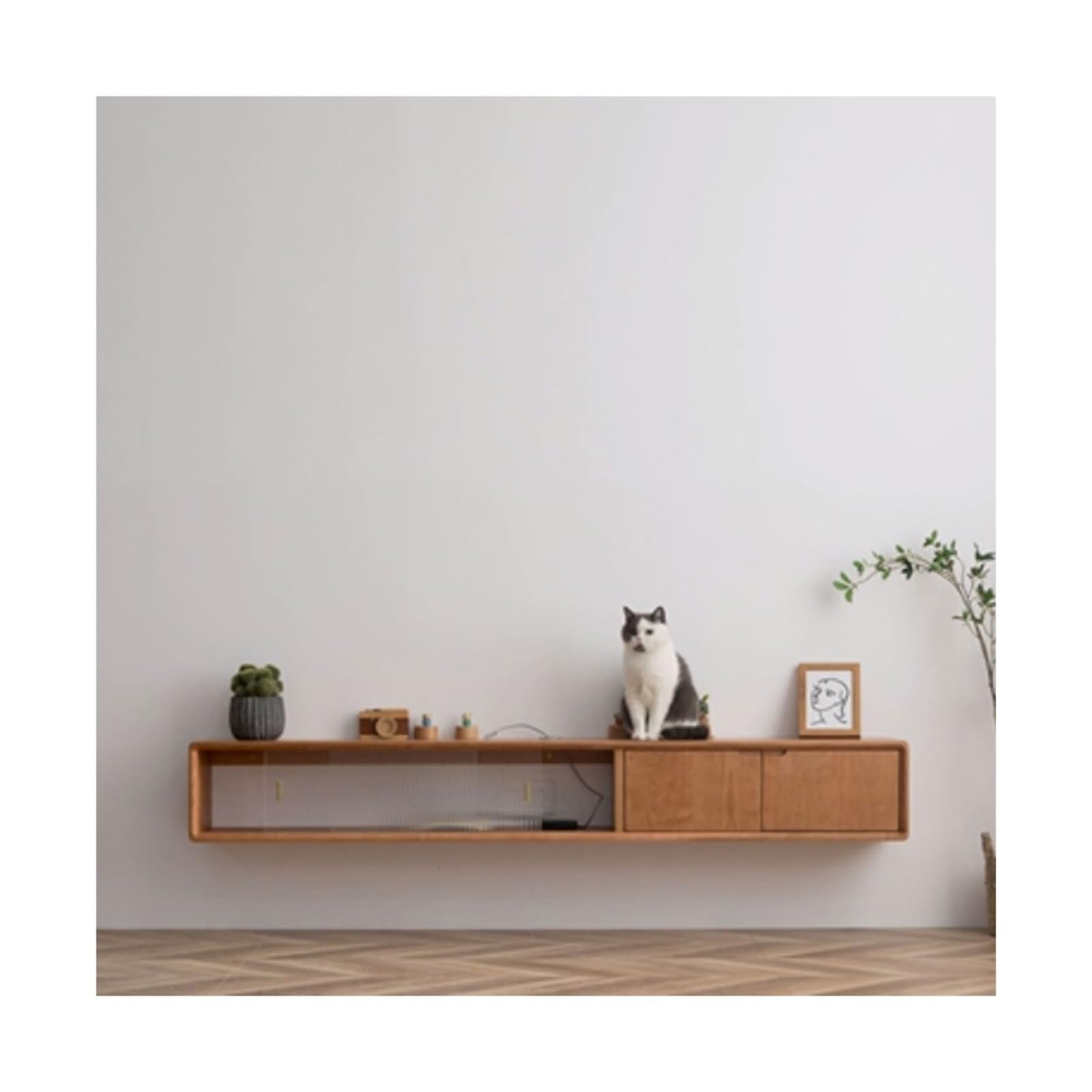 Console Floating Tv Unit, 70.8''/78.7'' Wall Mounted Tv Cabinet, Floating Shelves With Door , Modern Wood Entertainment Media Console Center Large Storage Tv Bench For Living Room ,Cherry-200X25X25Cm