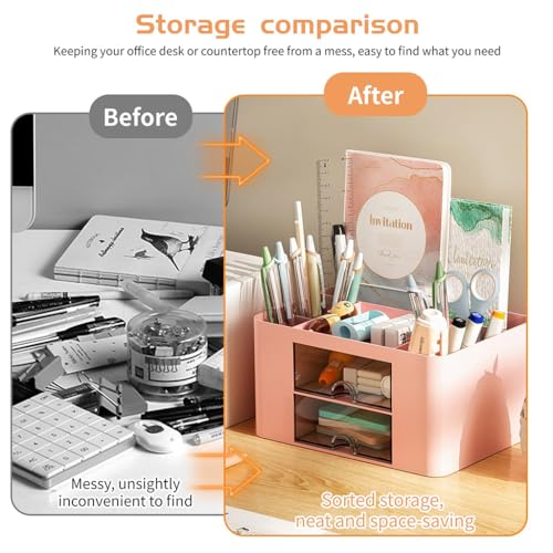 Image of ZIBUYU Desk Organiser Office Table with 2 Drawers & 5 Compartments, ABS Pen Holder /Stand for Office Table, Stationary Organizers Box, for Stationery, Makeup & Study Organization(Pink)