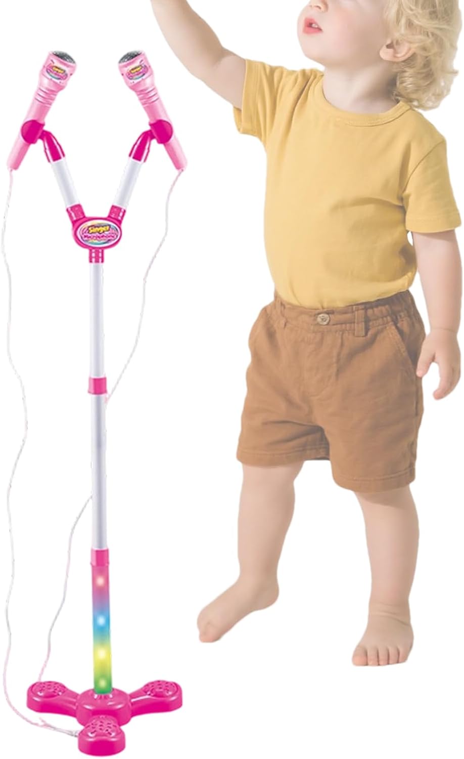 Kids Microphone with Stand, Karaoke Machine with Colorful Light, 12 Inch Kids Toy Microphone with Adjustable Height, Durable Electronic Singing Toy with Mu Playback
