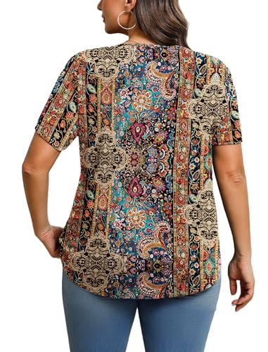 IN'VOLAND Womens Plus Size Tunic Top Summer Short Sleeve T-Shirt V-neck Button Up Dressy Blouse Casual Pleated Pullover 1X-5X4