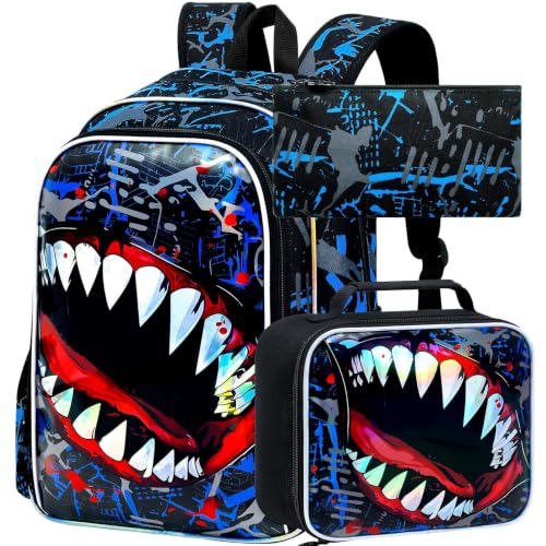 Image of 3Pcs Backpack for Boys, 17 inch Shark Kids Bookbag with Lunch Box, School Backpacks for Elementary Preschool Kindergarten (Blue)