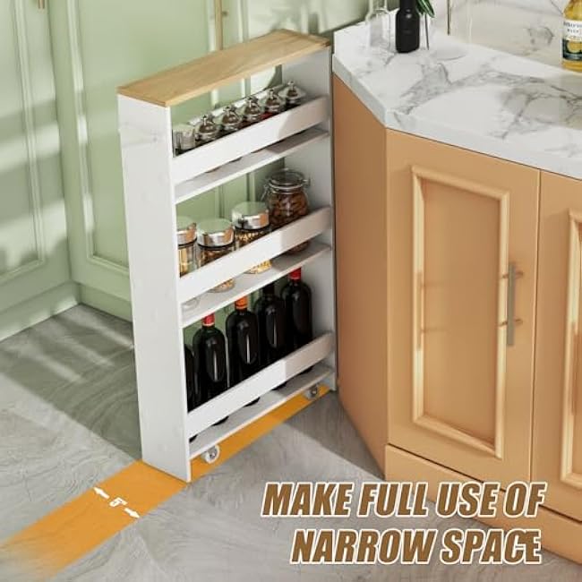 Giantex Slim Storage Cart 4 Tier, Rolling Side Cabinet w/Handle, Space Saving, Kitchen Utility Cart Tower Rack for Laundry Narrow Places (White & Brown)-IbAw1asu