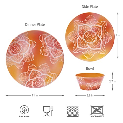 Bzyoo Bpa-Free Dishwasher Safe 100% Melamine Plastic Plate & Bowl Set Casual Dining Indoor And Outdoor Dining Party Bbq (12 Pcs Dinnerware Set, Service For 4, La La Mandala - Ombre Orange) #TOP6