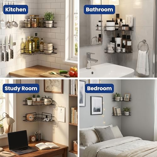 Image of GLOXY Premium Combo Pack of 3 Black Metal Bathroom Corner Rack Shelves - Rust Resistant Self Adhesive Mount Bathroom Accessories Storage Rack - Multipurpose No Drill Shower Caddy Organizer