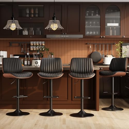 Image of MALOL Bar Stools Set of 4, Adjustable Counter Height Bar Chairs 26 inch-34.5 inch with Swivel & Footrest, Modern Faux Leather Barstools for Kitchen Island, Dining Room,Pub,Black