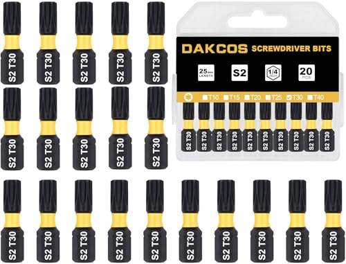 DAKCOS T30 Torx Bit, Impact Driver Bits, 1/4" Screwdriver Bit Sets, 20PCS Premium S2 Alloy Steel Bits, 25mm Long