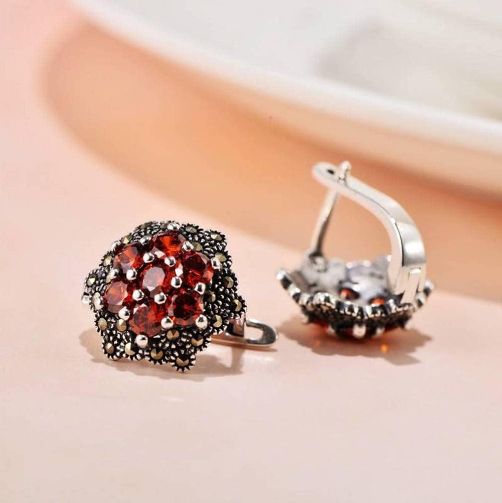 Earfemale 925 Silver Jewelry Thai Silver Inlaid Marcasite Synthetic Red Zircon Retro Ear Stud Earear Buckle/Guava