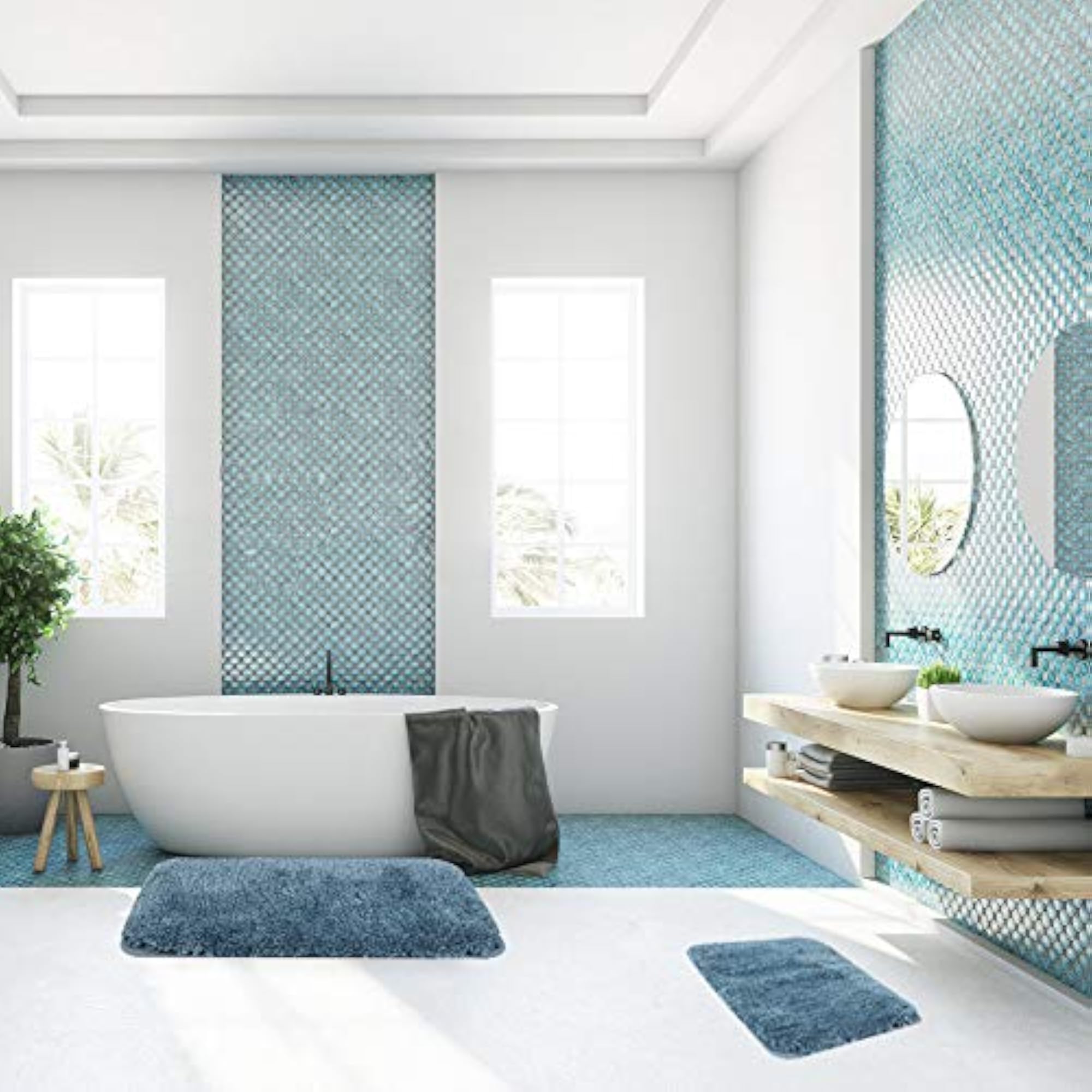Shaggy 2 Piece Bath Rug Set, Absorbent Bathroom Mats