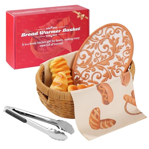Bread Warmer Basket with Stone - Terracotta Bowl Keeps Bread Warm & Moist, Includes Linen Liner and Clips, Ideal Gift for Sourdough Bakers, Housewarming & Weddings(Flowers)