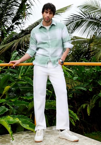 Image of CAHOOT Men's Vignette Checkered Oversized Shirt | Spread Collar, Long Single Button Cuff Sleeves | Button, Straight Hem| Light Pistachio:Cream White