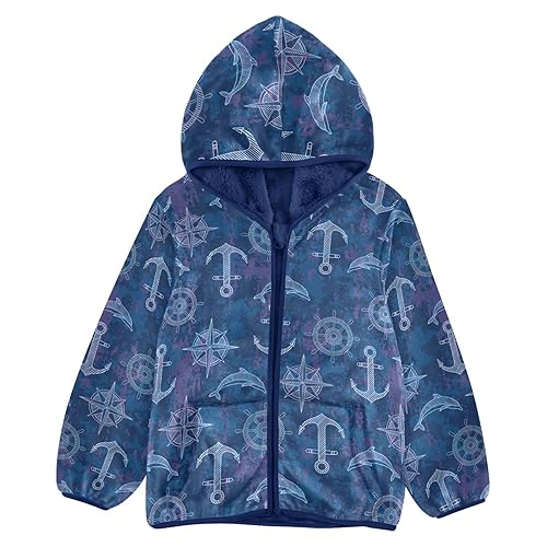 Sea Compass Anchor Rudder Boys Fleece Hoody Jacket Zip Up Coat Warm Fall Winter Plush Jacket Long Sleeve Outerwear