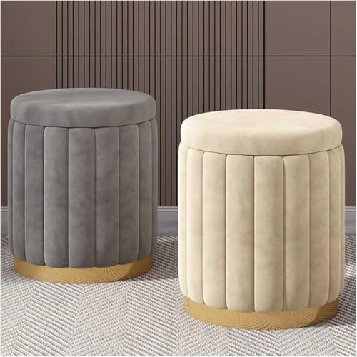 Image of Round Upholstered Velvet Ottoman Seating Stool with Gold Metal Base Multifunctional Makeup Vanity Chair Soft Compact Padded Foot Rest Stool for Living Room Bedroom Cream