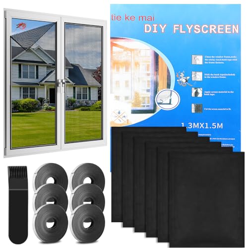 6 Piezas Mosquitera Ventana, 130x150cm Mosquitera para Ventana, Tela Mosquitera para Ventana con Cinta de Velcro, Cortador y Herramienta de Prensa, Se Puede Cortable DIY, No es Necesario Taladrar