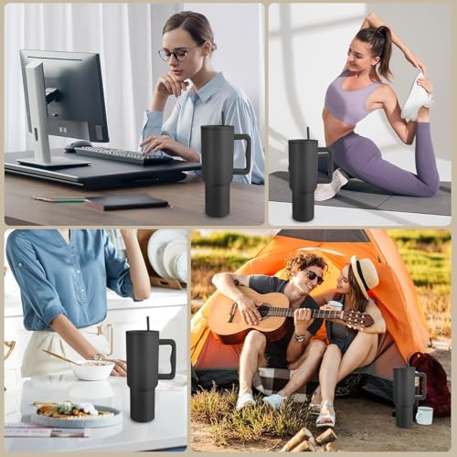 Image of WEZOSHINET 1200ml Stainless Steel Tumbler with Handle & Steel Straw | Double Wall Vacuum Insulated Mug | Spill Proof Lid | Beer & Cold Drink Travel Cup (Black 4th gen)