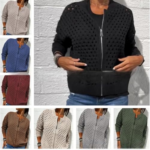 Women's Casual Hollow Knitwear Zipper Jacket, Crochet Fishnet Knit Shrugs Sweater Jacket Lightweight Cardigans Sweater2