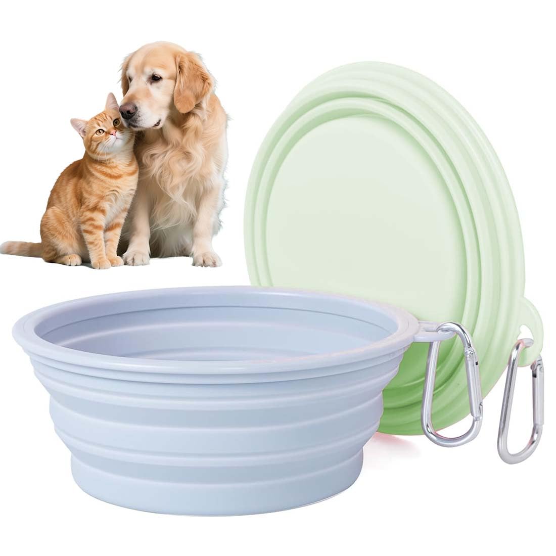 2 x 350 ml BPA Free Silicone Collapsible Bucket for Pets - Grey Blue and Green - Travel Portable Dishwasher